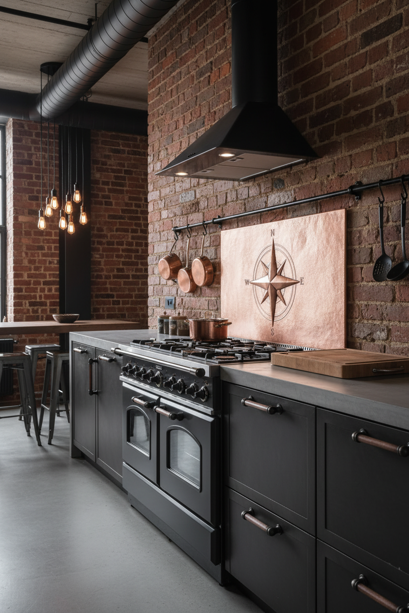72 Inch Compass Rose Natural Copper Backsplash Over 60" Range Industrial Loft Side View