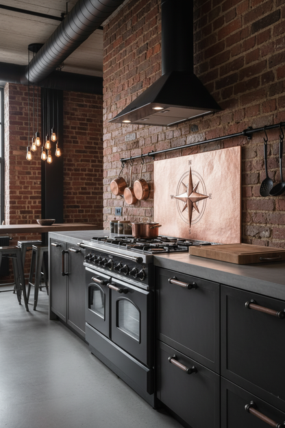 72 Inch Compass Rose Natural Copper Backsplash Over 60" Range Industrial Loft Side View