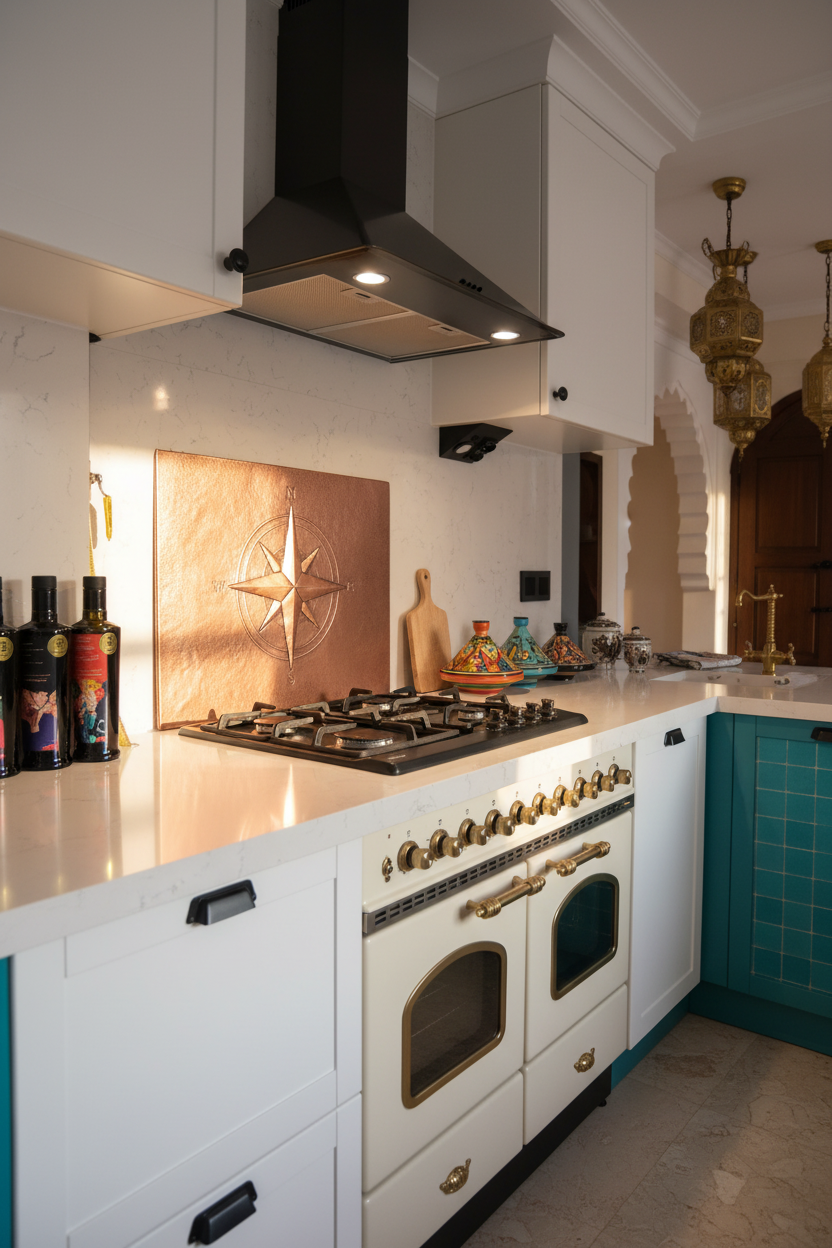 72 Inch Compass Rose Natural Copper Backsplash Over 60" Range Moroccan Riad Angled View