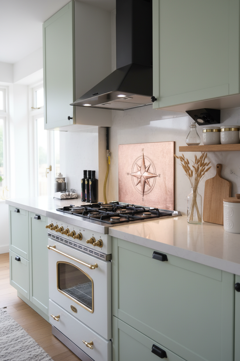 72 Inch Compass Rose Natural Copper Backsplash Over 60" Range Scandinavian Coastal