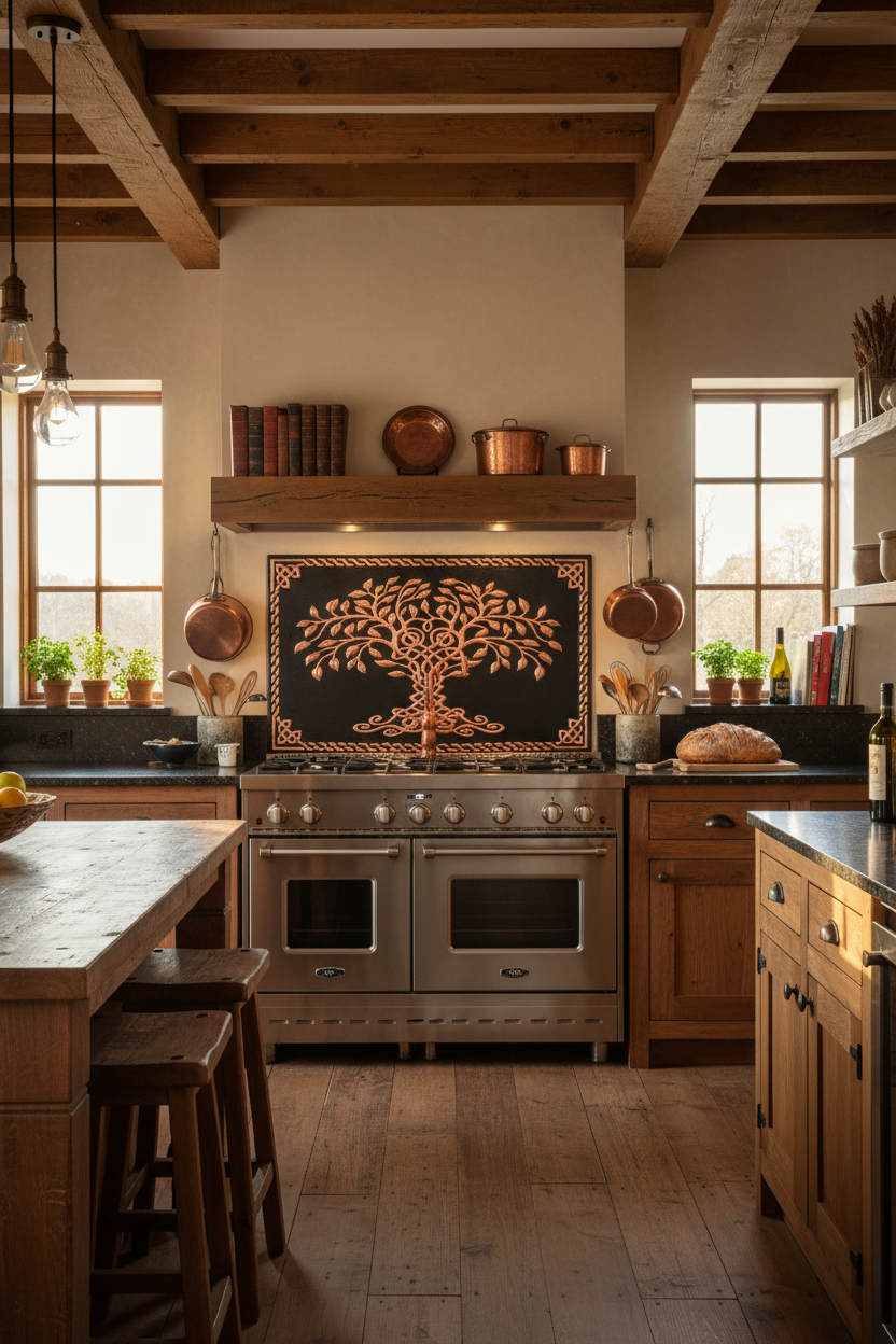 72x36 Inch Black Tree of Life Copper Backsplash Ultra Close Wide Front View Ultra-Luxury Celtic-Inspired Kitchen