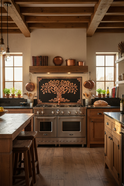 72x36 Inch Black Tree of Life Copper Backsplash Ultra Close Wide Front View Ultra-Luxury Celtic-Inspired Kitchen