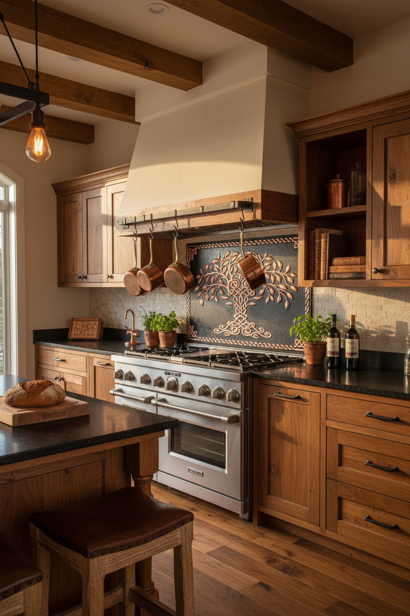 72x36 Inch Black Tree of Life Copper Backsplash Ultra Extreme Close Wide Front View Ultra-Luxury Celtic-Inspired Kitchen