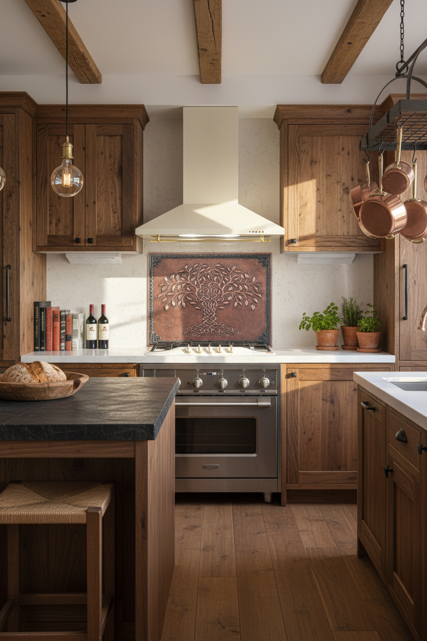 72x36 Inch Brown Tree of Life Copper Backsplash Ultra Close Wide Front View Ultra-Luxury Rustic Celtic Kitchen