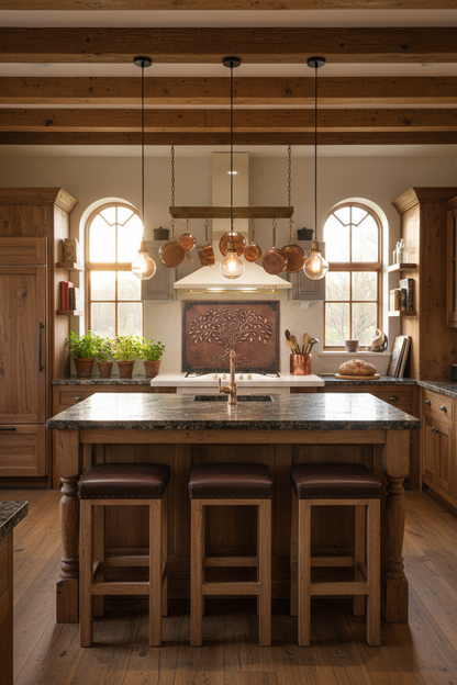 72x36 Inch Brown Tree of Life Copper Backsplash Ultra Extreme Close Wide Front View Ultra-Luxury Rustic Celtic Kitchen