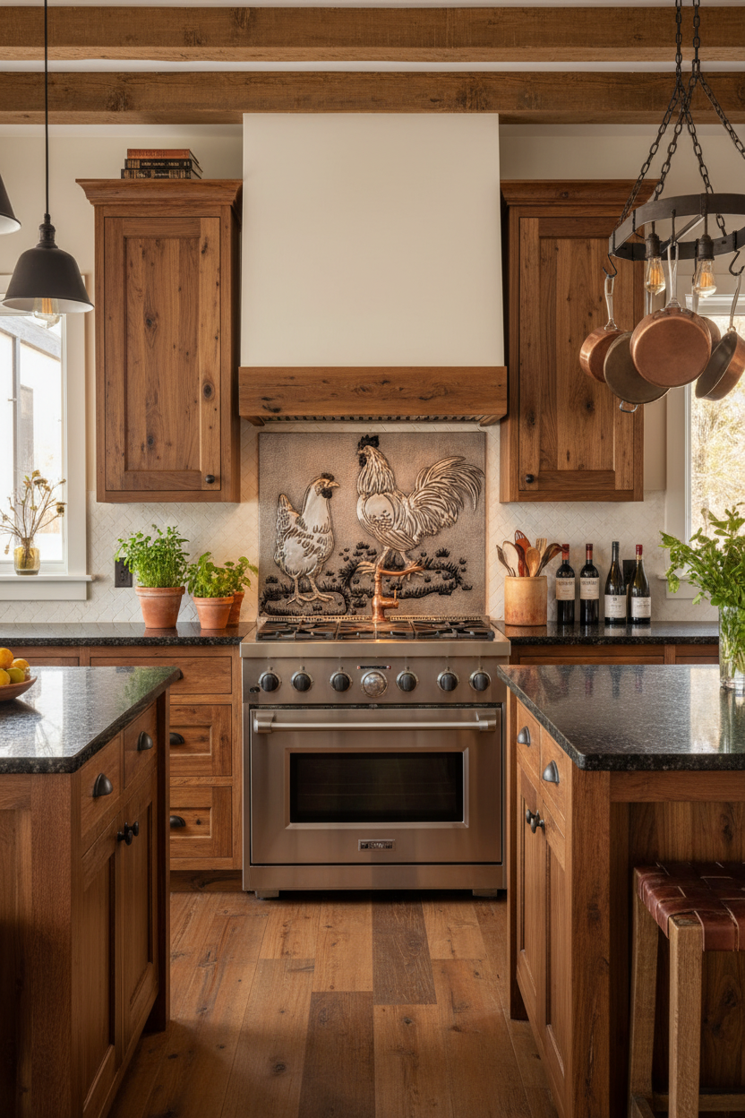 72x36 Inch Rooster Chicken Silver Black Backsplash Ultra Close Wide Front View Ultra-Luxury Modern Farmhouse Kitchen