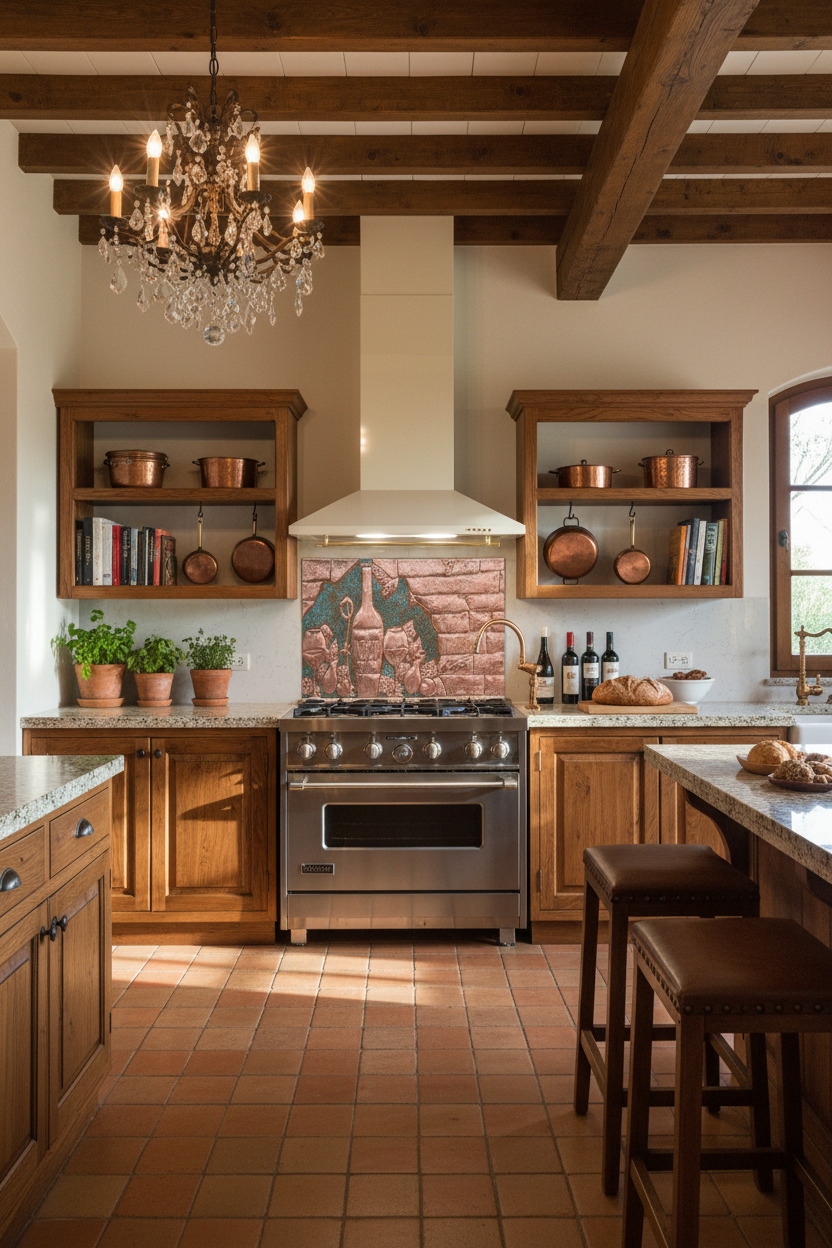 72x36 Inch Tuscan Vineyard Green Patina Copper Backsplash Closer Wide Front View Ultra-Luxury Italian Tuscan Villa Kitchen