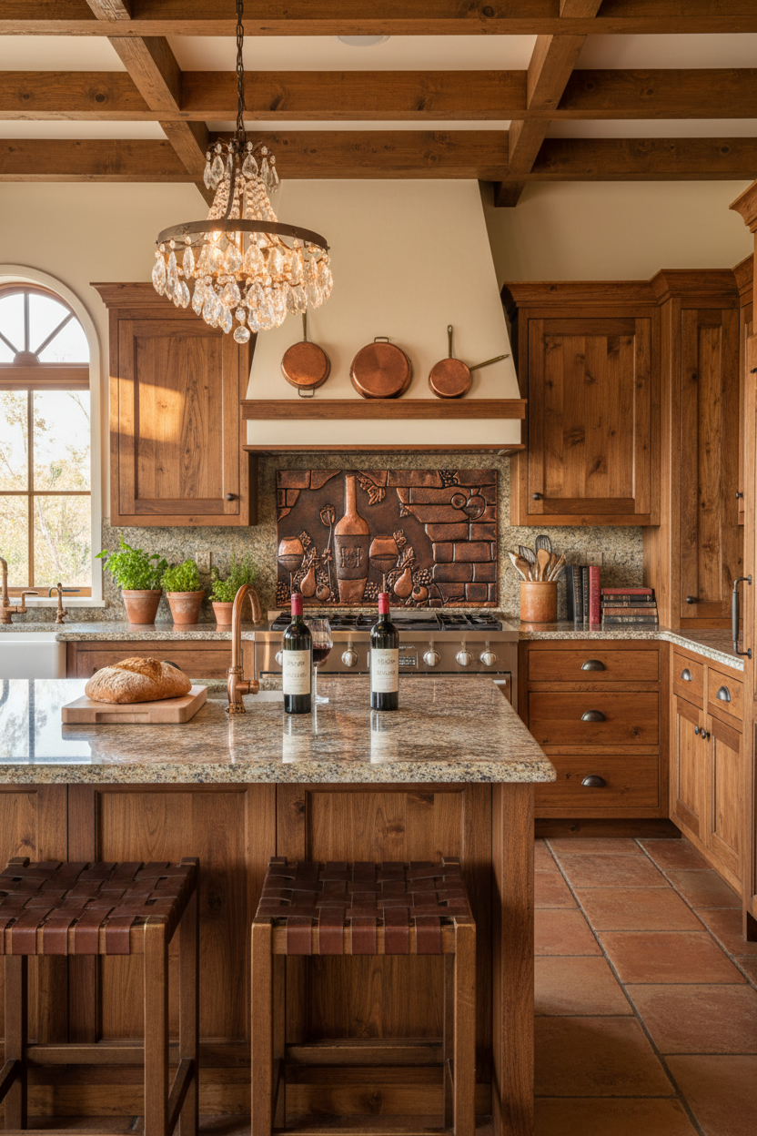 72x36 Inch Tuscan Wine Grapes Brown Patina Copper Backsplash Closer Wide Front View Ultra-Luxury Italian Tuscan Villa Kitchen