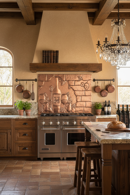 72x36 Inch Tuscan Wine Grapes Natural Copper Backsplash Ultra Close Wide Front View Ultra-Luxury Italian Tuscan Villa Kitchen