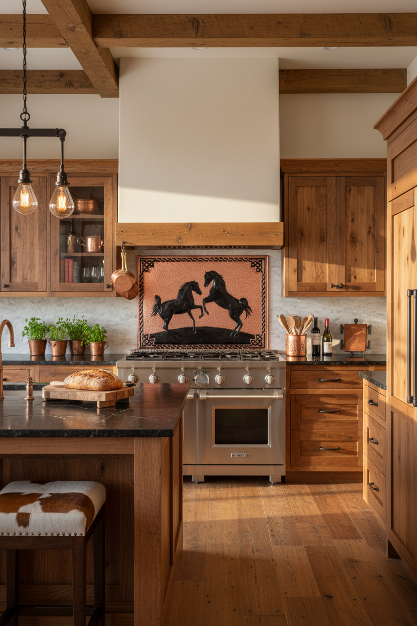 72x36 Inch Wild Horses Copper Black Backsplash Extreme Close Wide Front View Ultra-Luxury Modern Ranch Kitchen