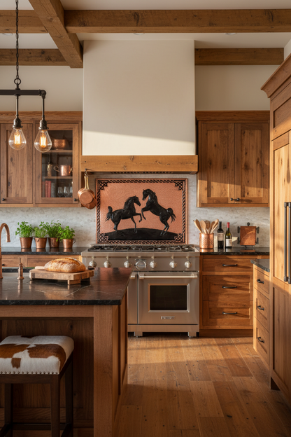 72x36 Inch Wild Horses Copper Black Backsplash Extreme Close Wide Front View Ultra-Luxury Modern Ranch Kitchen