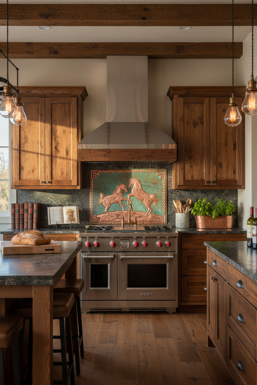 72x36 Inch Wild Horses Green Copper Backsplash Closer Wide Front View Ultra-Luxury Modern Farmhouse Ranch Kitchen