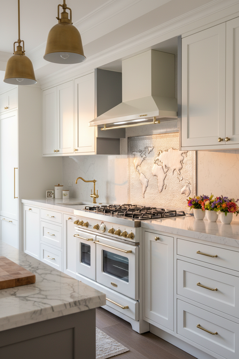 72x36 Inch World Map Gray Copper Backsplash Contemporary Luxury Kitchen