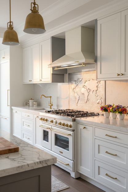 72x36 Inch World Map Gray Copper Backsplash Contemporary Luxury Kitchen