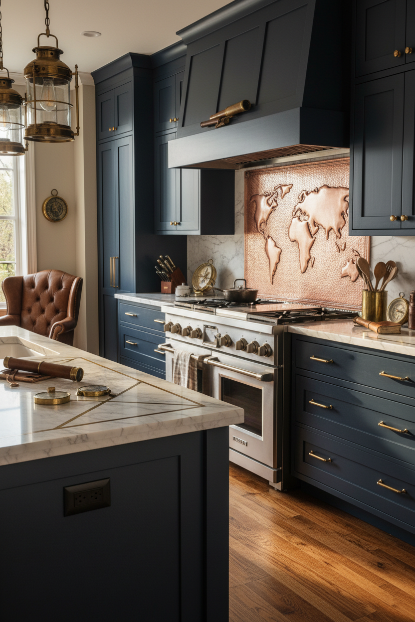 72x36 Inch World Map Natural Copper Backsplash Angled View Ultra-Luxury Explorer Kitchen