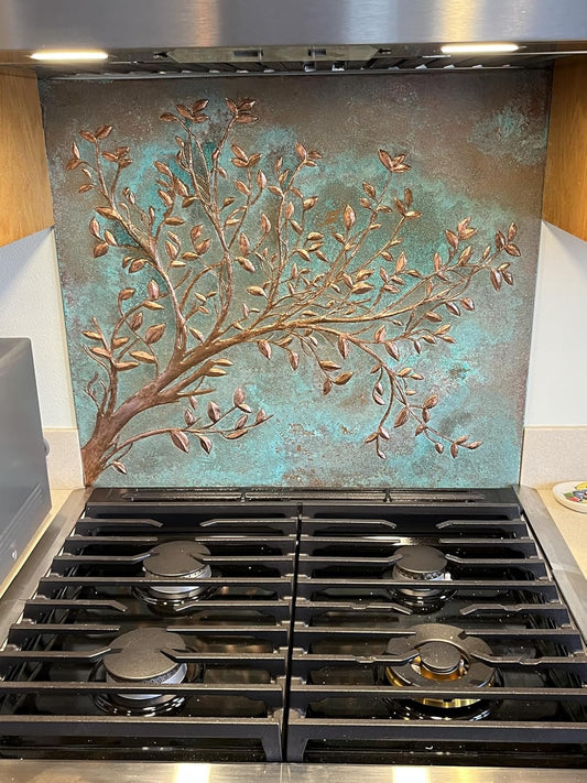 Green Verdigris Copper Tree Branches Backsplash | Artistic Patina Kitchen Backsplash Panel - Natuross