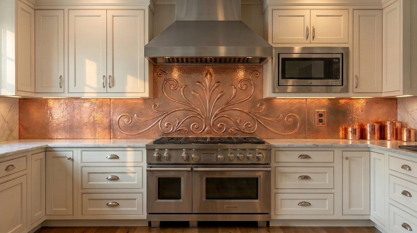 Ornamental Scroll Copper Backsplash for Microwave Above Stove