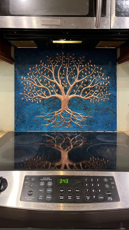 Blue Tree With Roots Copper Backsplash | Bold Patina Handmade Copper Kitchen Backsplash Panel - Natuross