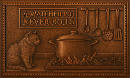 "A Watched Pot Never Boils" Copper Kitchen Stove Backsplash