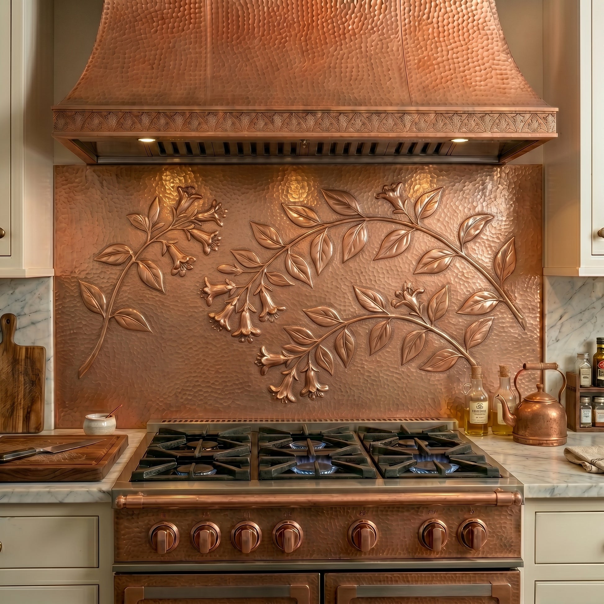 Abelia Flower copper stove backsplash handcrafted from real copper. Custom floral copper kitchen backsplash available in custom sizes and finishes.