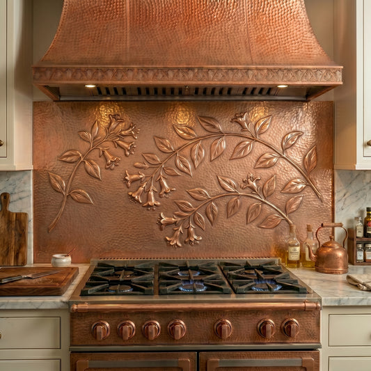 Abelia Flower copper stove backsplash handcrafted from real copper. Custom floral copper kitchen backsplash available in custom sizes and finishes.