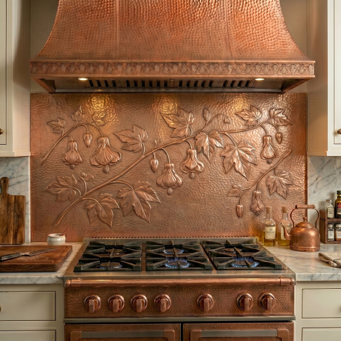 Abutilon copper stove backsplash handcrafted from real copper. Custom Flowering Maple copper kitchen backsplash available in custom sizes and finishes.