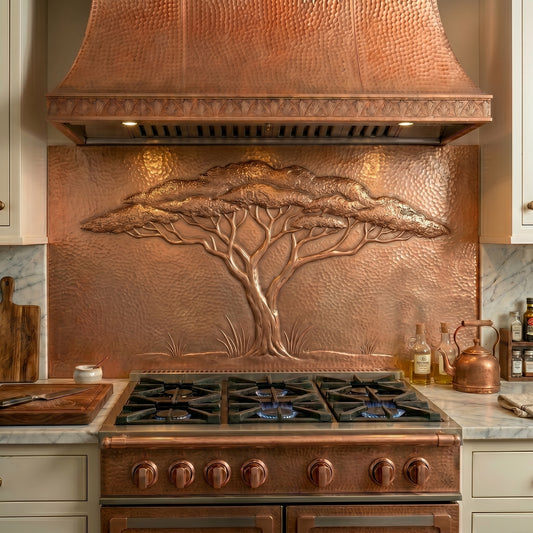 Acacia Tree copper stove backsplash handcrafted from real copper. Custom copper kitchen backsplash featuring an iconic acacia tree design, available in custom sizes and finishes.
