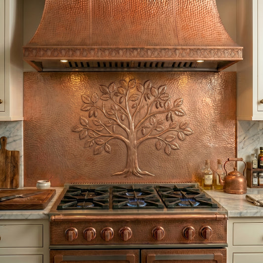 Alder Tree copper stove backsplash handcrafted from real copper. Custom copper kitchen backsplash featuring an alder tree design, available in custom sizes and finishes.