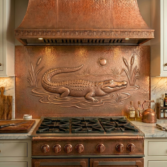 Handmade alligator copper kitchen backsplash for behind the stove. Custom swamp and wetland wall decor for Southern homes, lake houses, cabins, lodges, and wildlife enthusiasts.