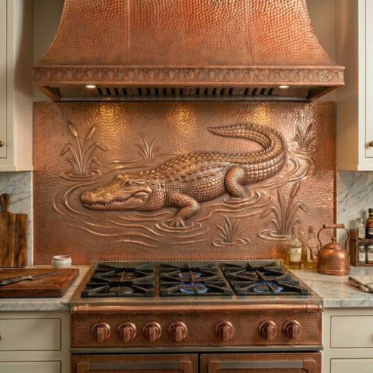 Alligator copper stove backsplash handcrafted from real copper. Custom wildlife copper kitchen backsplash available in custom sizes and finishes.