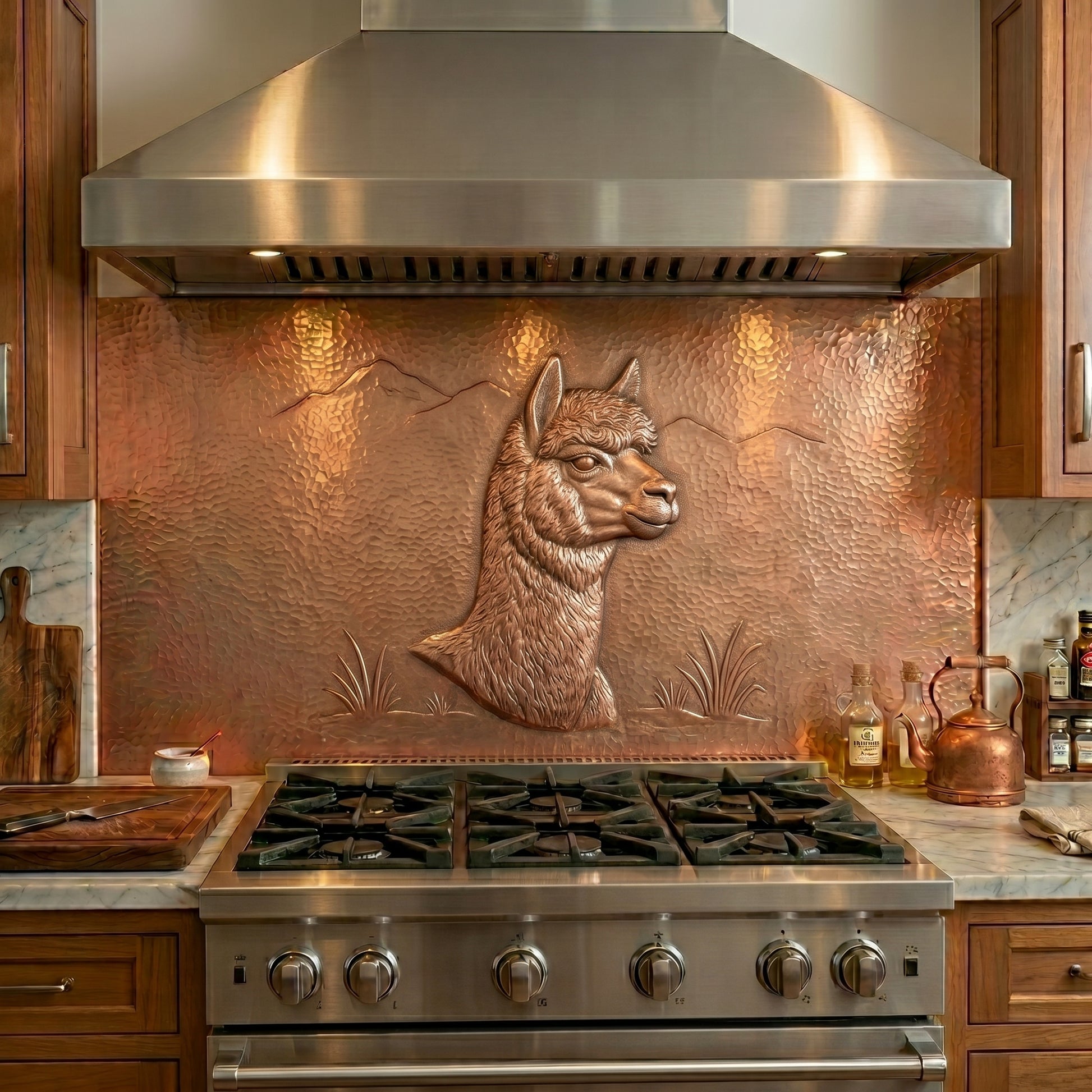Handmade copper backsplash featuring a detailed alpaca with mountain scenery. Unique artisan kitchen wall art inspired by Andean landscapes.