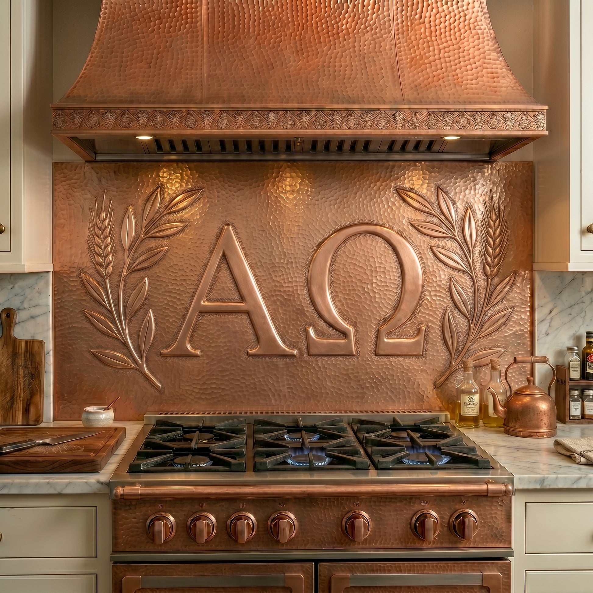 Alpha Omega copper stove backsplash handcrafted from real copper. Christian copper kitchen backsplash panel available in custom sizes and finishes.