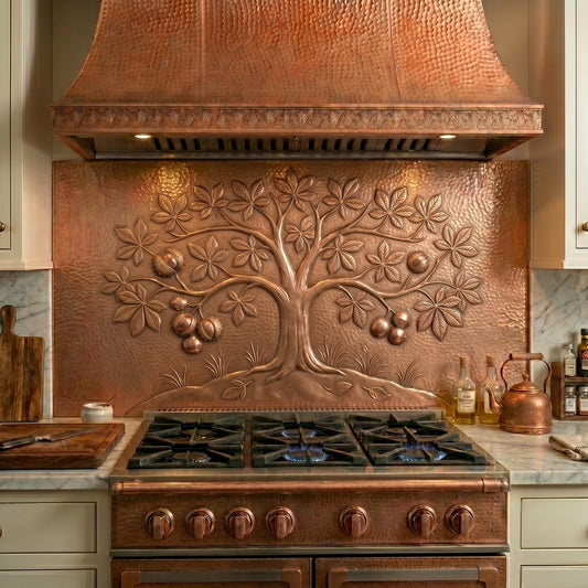 Handmade Buckeye Tree copper kitchen backsplash featuring distinctive leaves and buckeye nuts crafted from real copper. Custom sizes available for farmhouse, woodland, rustic, and nature-inspired kitchens.