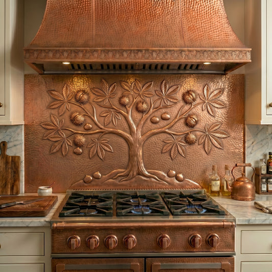 Handmade American Chestnut copper kitchen backsplash featuring detailed leaves, chestnuts, and forest-inspired artistry. Crafted from real copper with custom sizes available for farmhouse, cabin, woodland, and nature-themed kitchens.