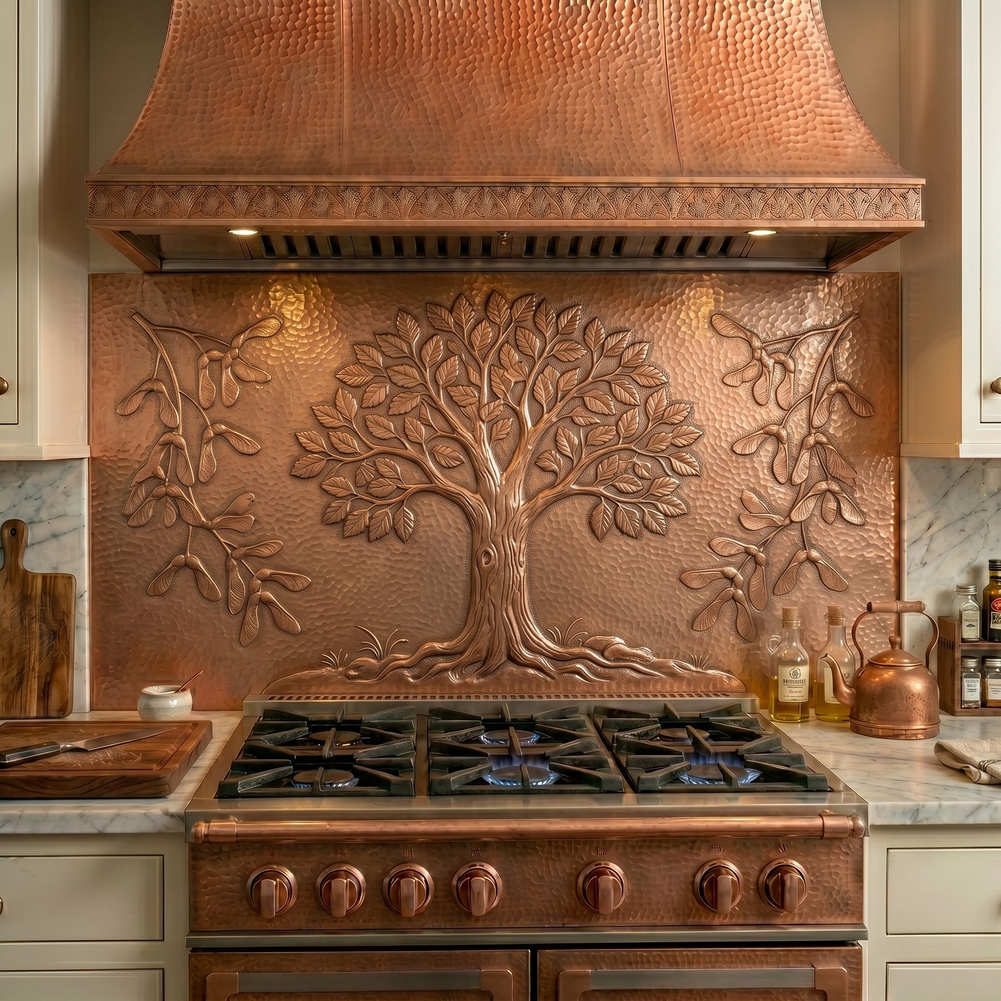 Handmade American Elm Tree Copper Kitchen Backsplash crafted from real copper. Featuring detailed elm leaves and winged seeds. Custom sizes available. Perfect for stove backsplashes, fireplaces, feature walls, and outdoor kitchens.