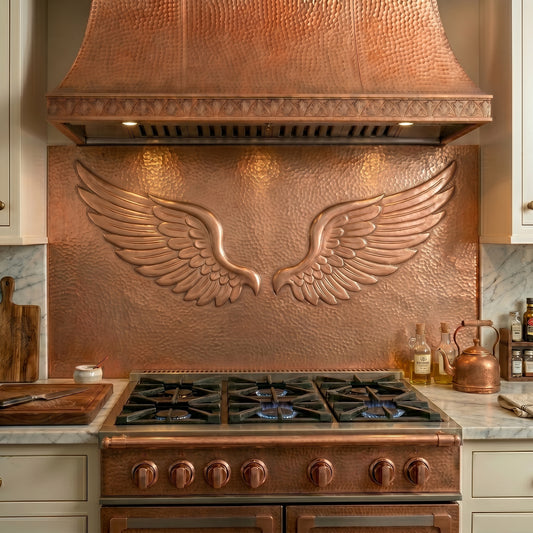 Handcrafted copper stove backsplash featuring elegant angel wings. Made from real copper and custom crafted in your chosen size and finish to create a meaningful focal point in the kitchen.