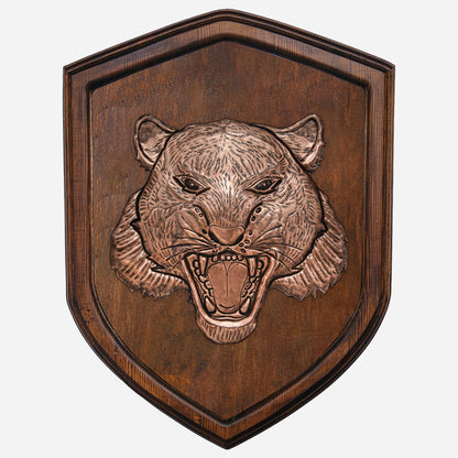 Copper Leopard Head on Wood Plaque