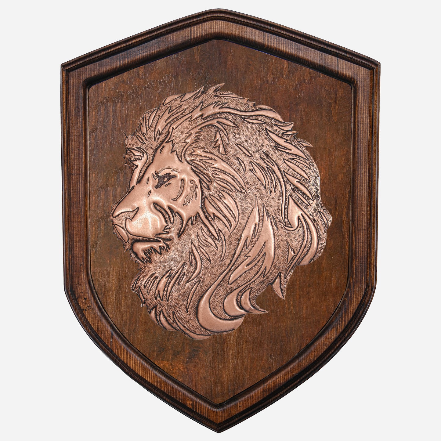 Copper Lion Head on Wood Plaque