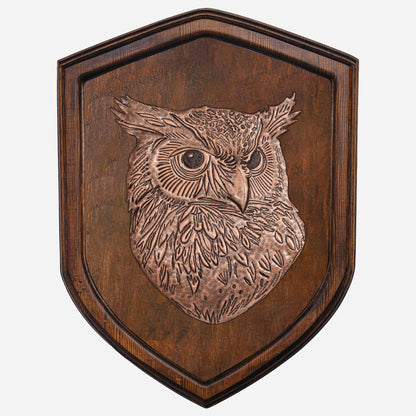 Copper Owl Head on Wood Plaque