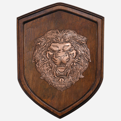 Copper Roaring Lion Head on Wood Plaque