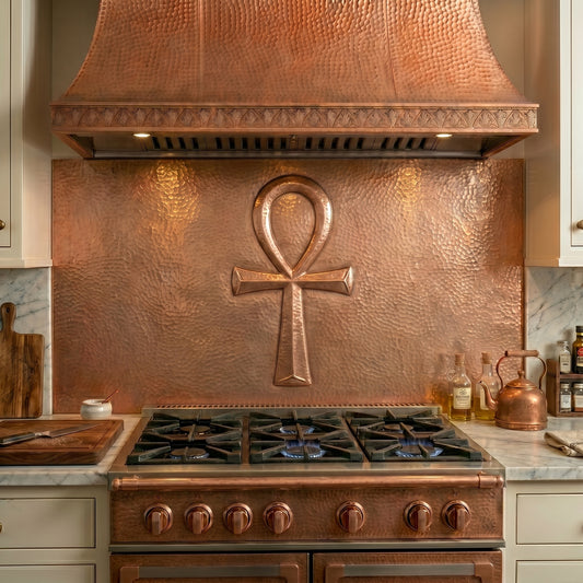 Handcrafted copper stove backsplash featuring the ancient Egyptian Ankh symbol of life, vitality, eternity, and spiritual wisdom. Order a single backsplash panel behind the stove or a complete custom copper kitchen backsplash with matching side panels beneath surrounding cabinets. Available in custom sizes, finishes, and installation options.