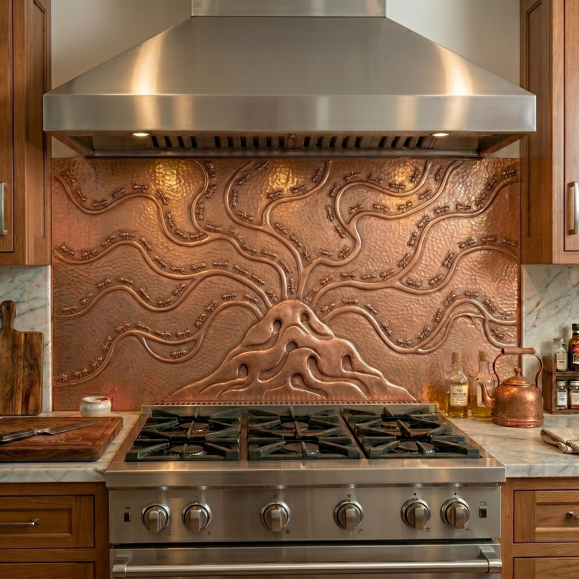 Handmade copper backsplash featuring an intricate ant colony and underground tunnels. Unique nature-inspired kitchen art with remarkable detail.