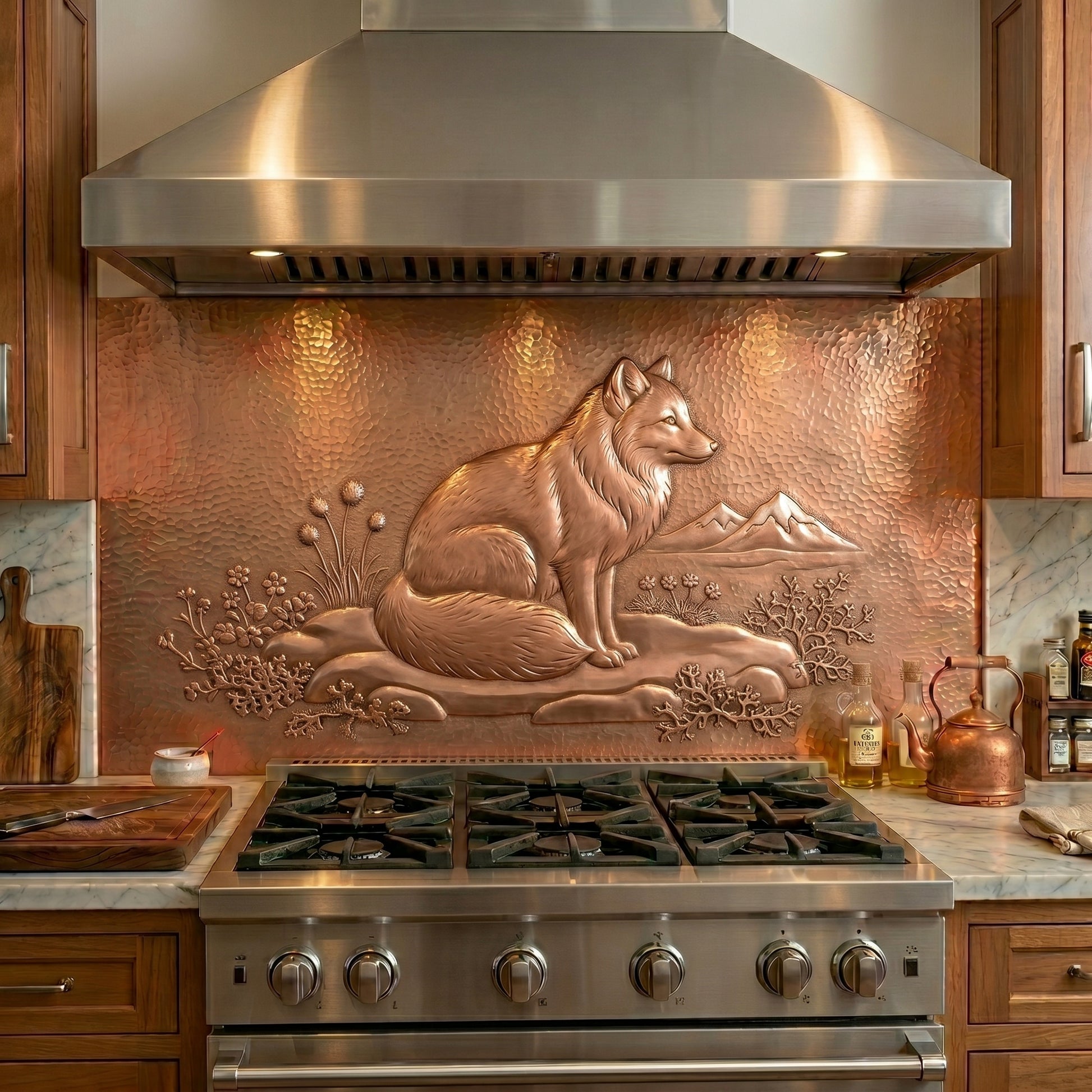 Handmade copper backsplash featuring an Arctic fox in raised relief. Northern wildlife kitchen art inspired by tundra landscapes and mountain scenery.