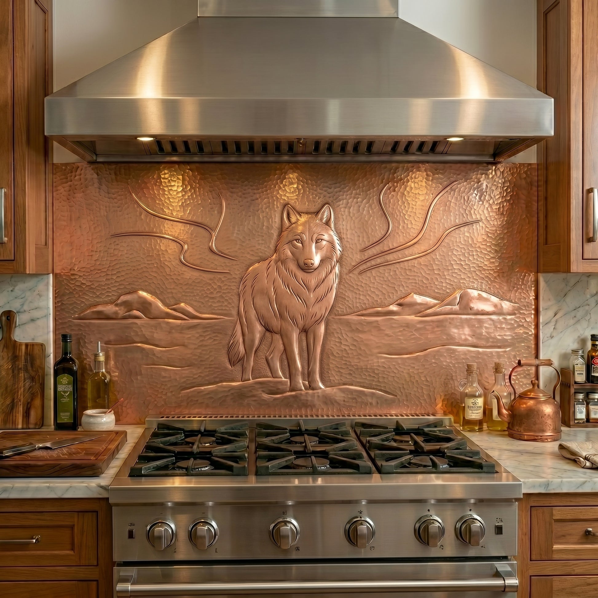 Handmade copper backsplash featuring a lone Arctic wolf in raised relief. Rustic wildlife kitchen art inspired by northern wilderness and mountain landscapes.