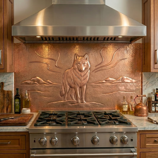 Handmade copper backsplash featuring a lone Arctic wolf in raised relief. Rustic wildlife kitchen art inspired by northern wilderness and mountain landscapes.