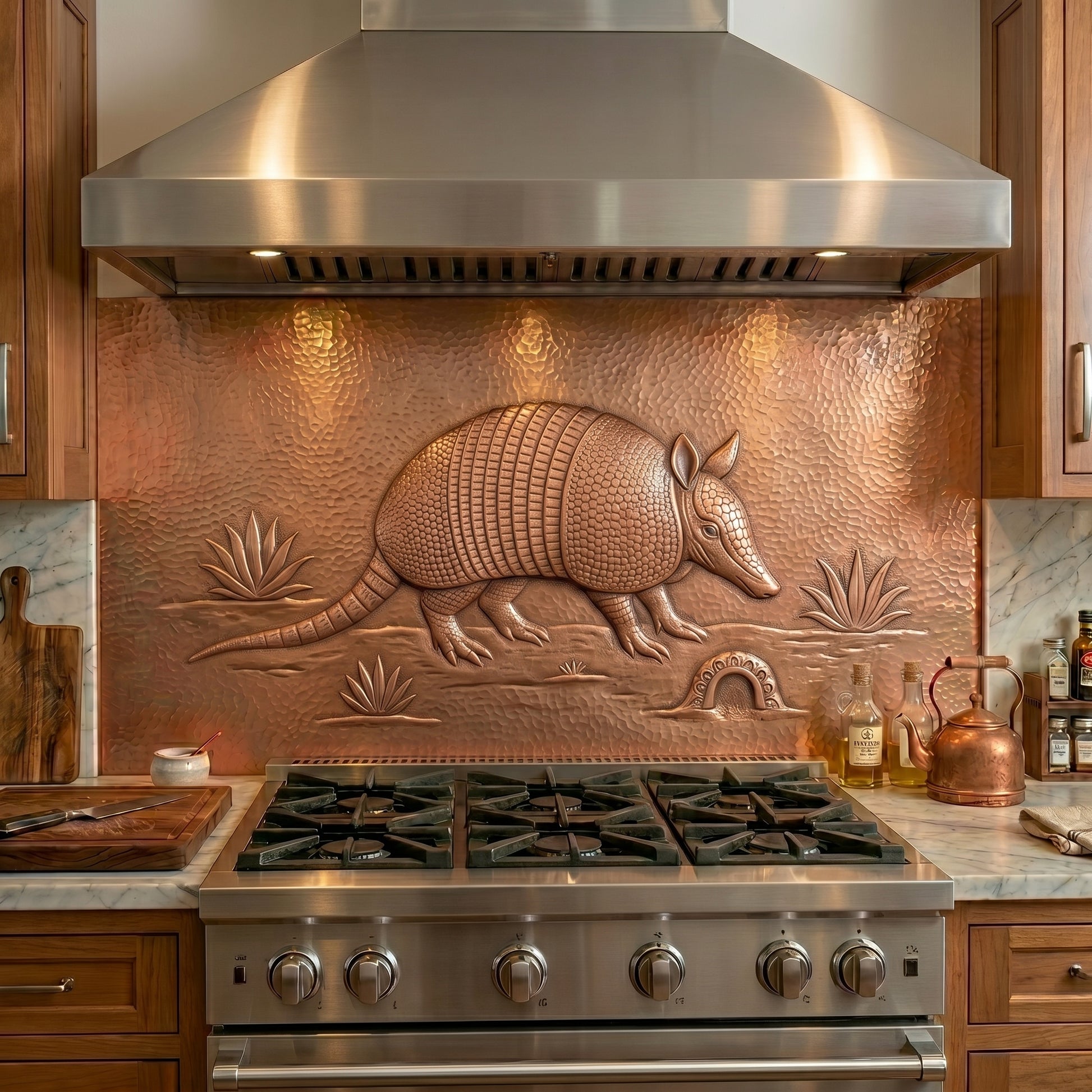 Handmade copper backsplash featuring a detailed armadillo in raised relief. Southwestern wildlife kitchen art inspired by Texas ranch and desert landscapes.