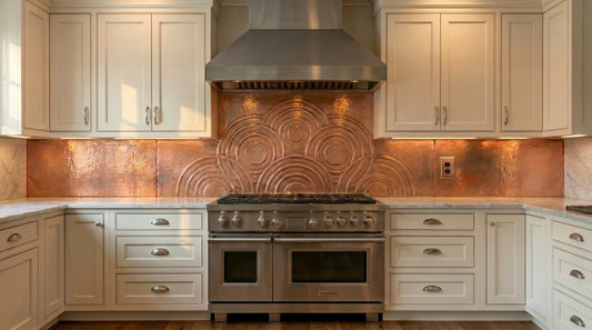 Art Deco copper kitchen backsplash handmade from real copper with a raised circle design. Custom copper stove backsplash available in your choice of size and finish.