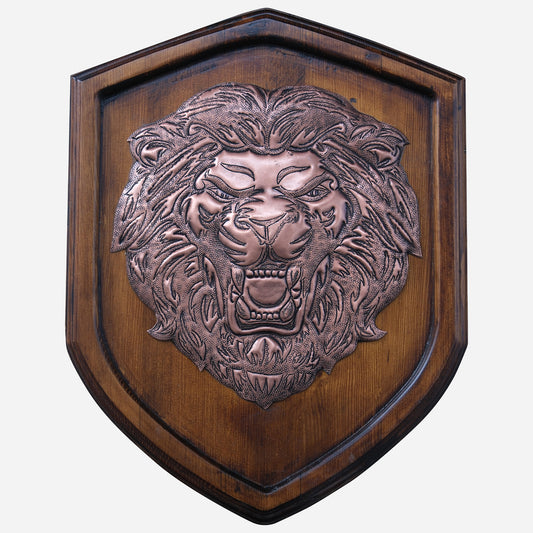 Copper Roaring Lion Head on Wood Plaque - 18.3"x14.1"