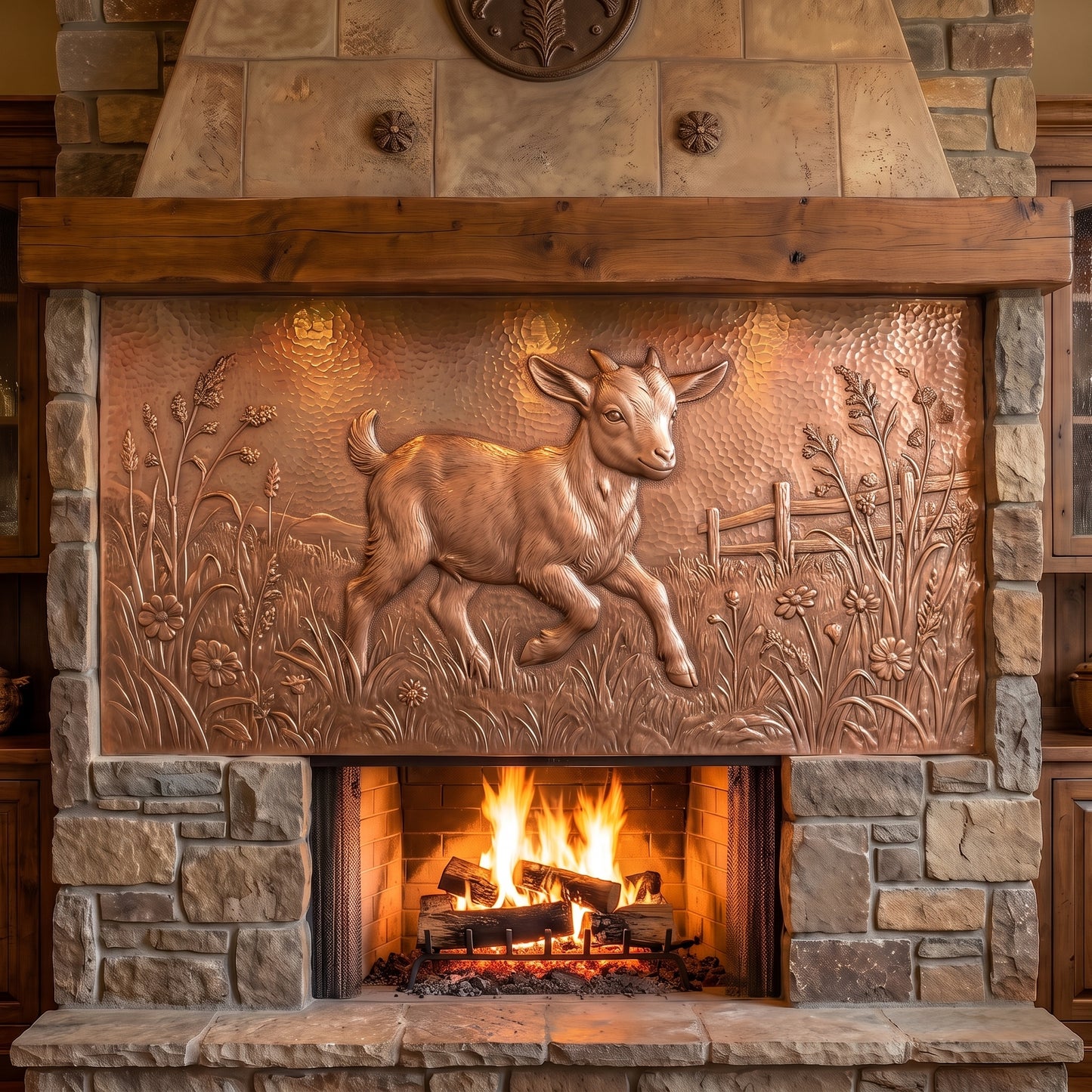 Hand-hammered baby goat wall art made from real copper, displayed above a stone fireplace and featuring a young goat walking through a meadow with wildflowers, tall grasses, rolling countryside, and a wooden fence in raised copper relief.