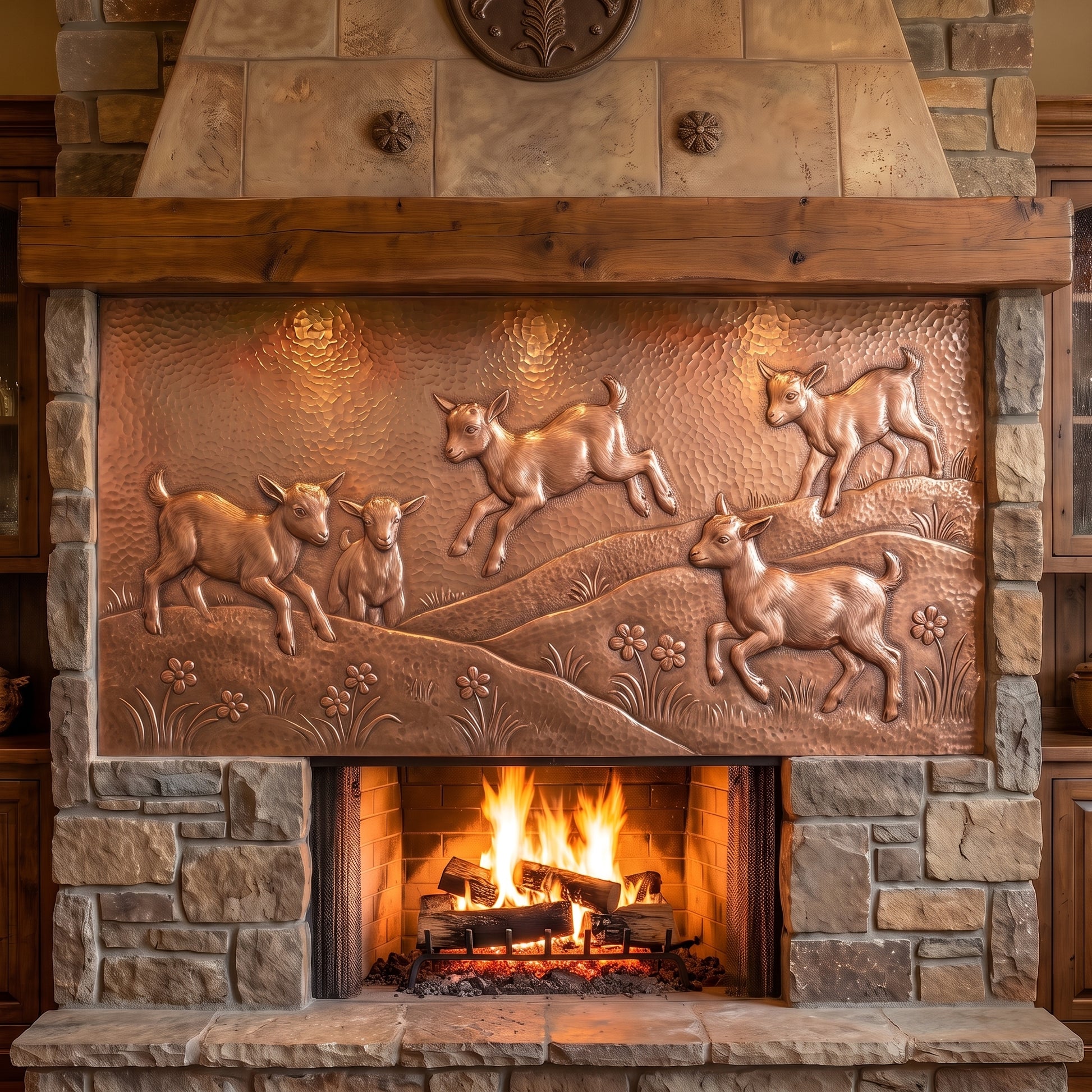 Hand-hammered baby goat wall art made from real copper, displayed above a stone fireplace and featuring five playful young goats running and jumping across rolling country hills with wildflowers and grass in detailed raised copper relief.